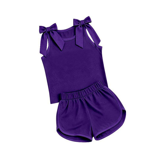 ( Moq 5 ) Preorder Baby Girls Kids Sleeveless Bows Shirt Shorts Purple Set Summer Clothes