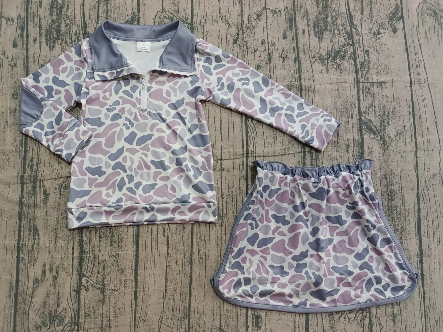 Baby Girls Long Sleeves Grey Camo Zipper Pullover Skirt Shorts Set RTS