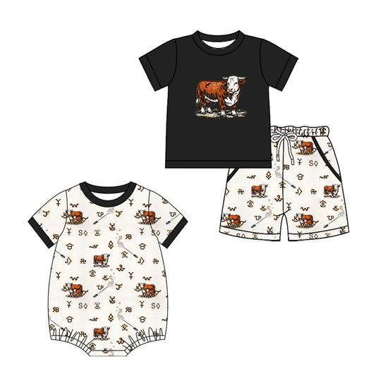 ( Moq 5 Each Style ) Sibling Baby Boys Kids Short Sleeves Western Cow Shirt Pockets Shorts Black Set Romper