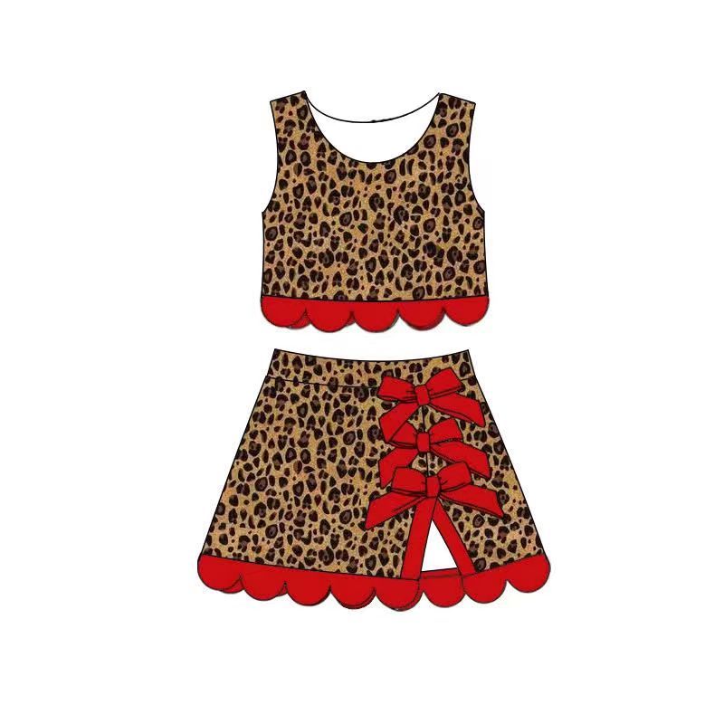 ( Moq 5 ) Preorder Baby Girls Kids Sleeveless Leopard Shirt Scallop Bows Skirt Shorts Yoga Active Set Clothes