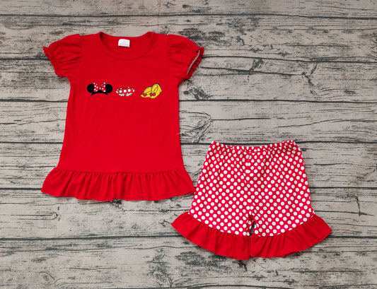 No moq Pre-order GSSO0450 Baby Girl Mouse Red Shirt Dots Shorts Embroidery Set