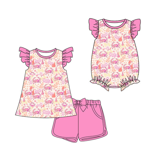 ( Moq 5 Each Style ) Sibling Baby Girls Kids Short Sleeves Crabs Romper Set Summer Clothes