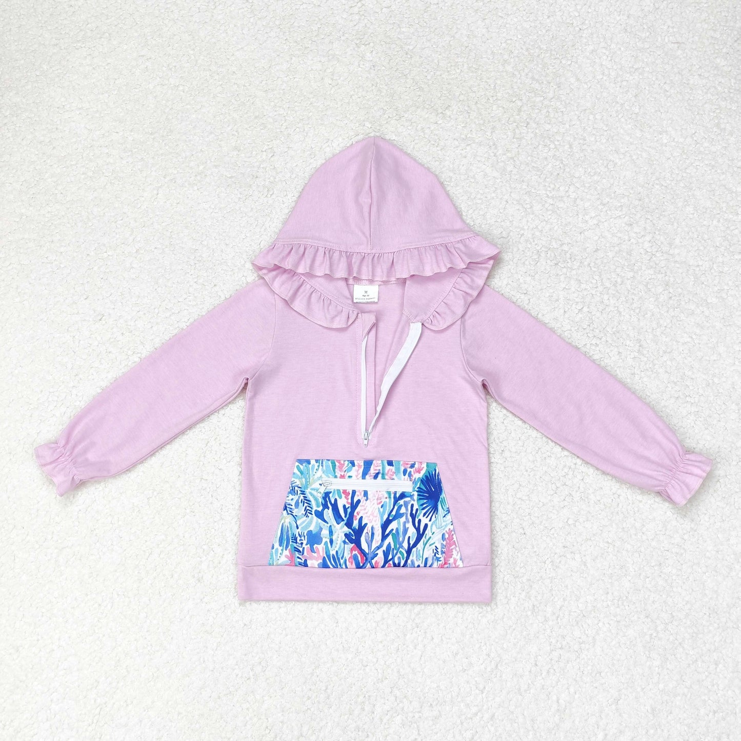 Baby Girl Lavender Ruffle Hooded Sea Weed Pocket Long Sleeves Tops