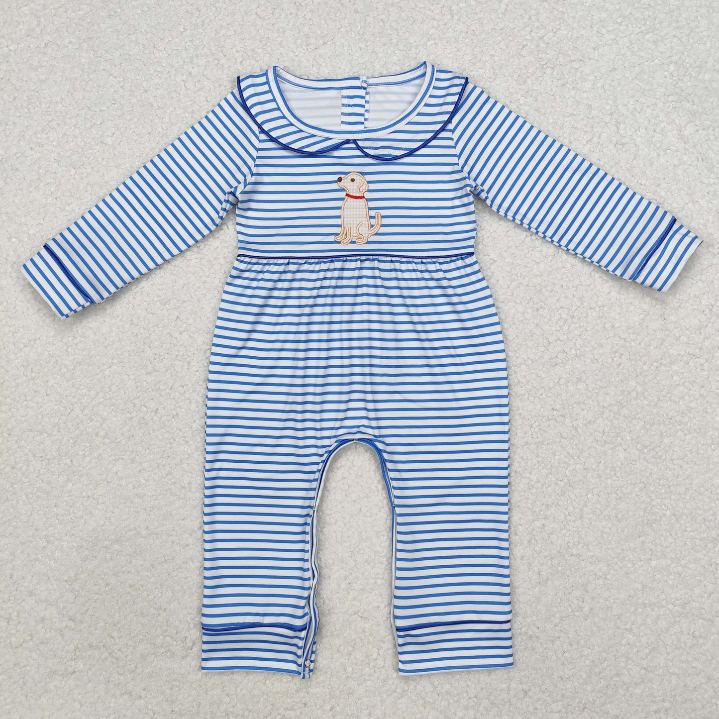 Baby Boy Long Sleeves Blue Stripes Embroidery Dog Romper