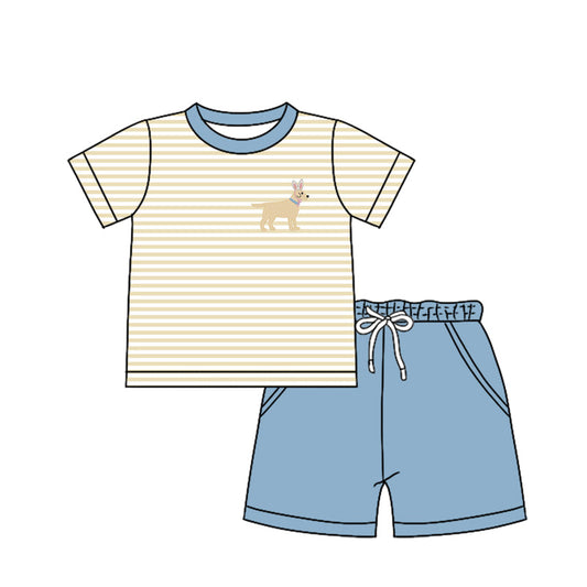 Baby Boy Short Sleeves Stripes Dog Shirt Blue Pockets Shorts Clothes Set Moq 5