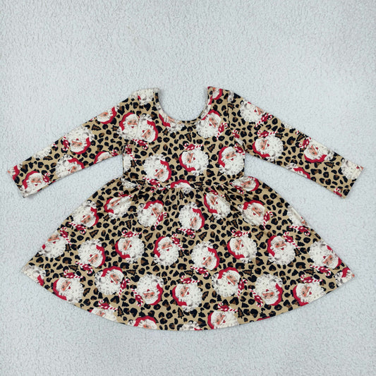 Baby Girls Toddler Long Sleeves Santa Leopard Christmas Ruffle Dress Clothes RTS