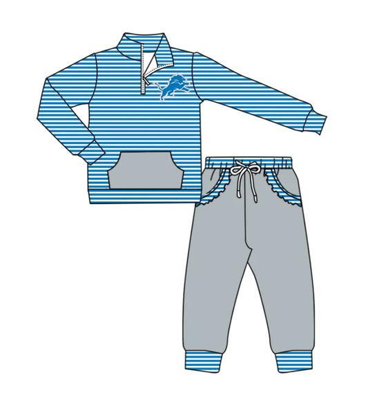 ( Moq 5 ) Baby Girls Toddler Stripes Long Sleeves Lion Zipper Pullover Ruffle Pockets Grey Pants Team Clothes Outfit