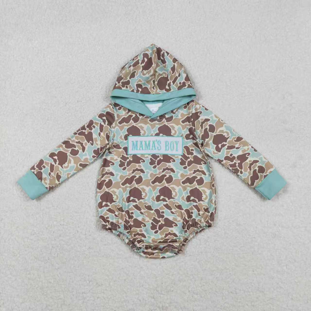 Sibling Baby Boys Kids Long Sleeves Embroidery Mama's Boy Camo Green Romper Set RTS