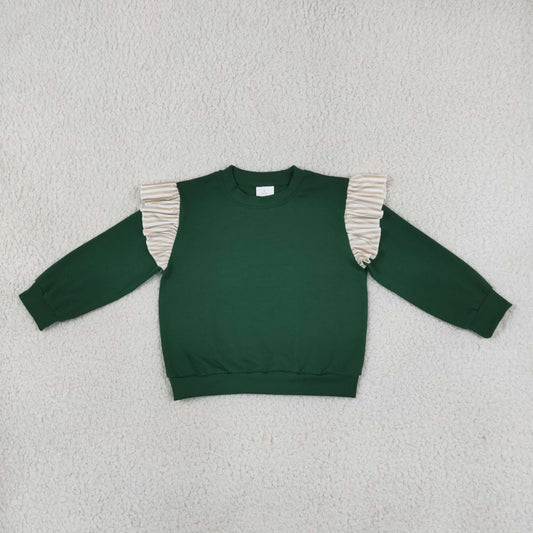 Baby Girls Toddler Stripes Ruffle Long Sleeves Green Shirt Cotton Clothes RTS