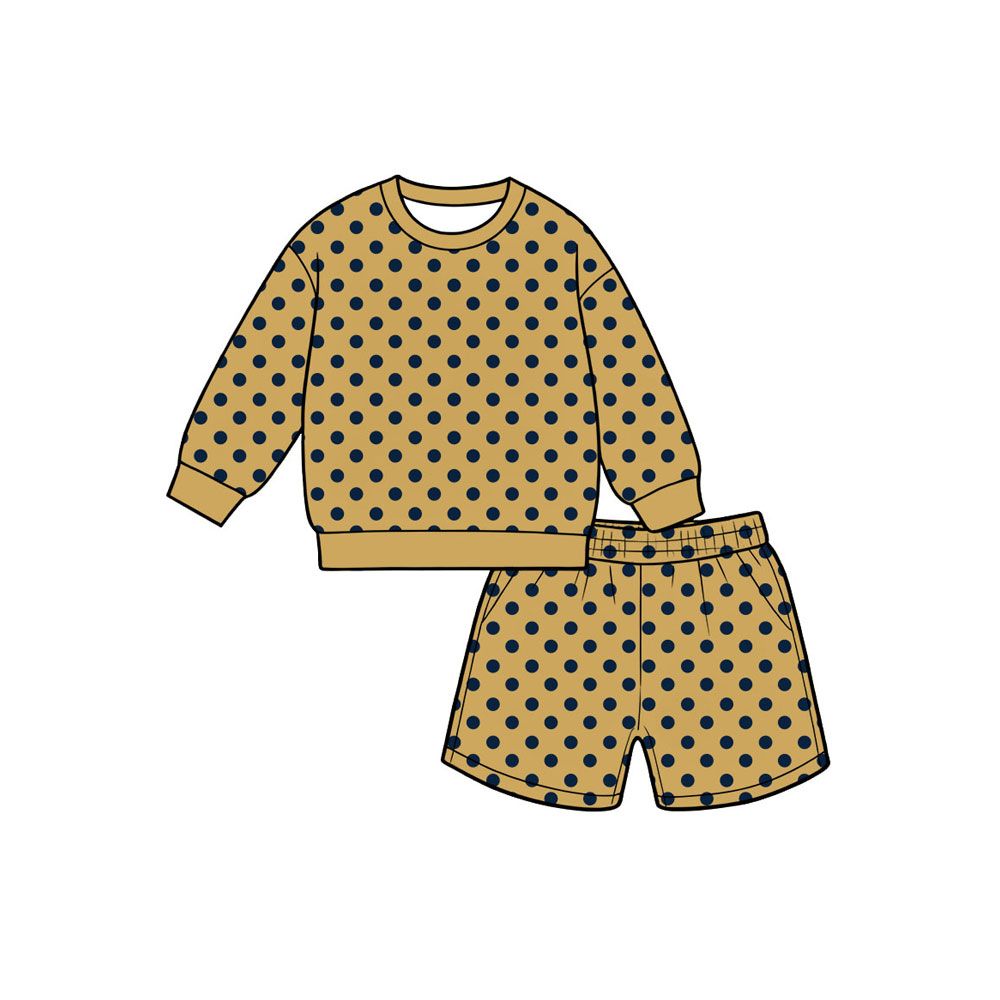 ( Moq 5 ) Preorder Baby Girls Kids Long Sleeves Navy Dots Shirt Pockets Shorts Set Clothes