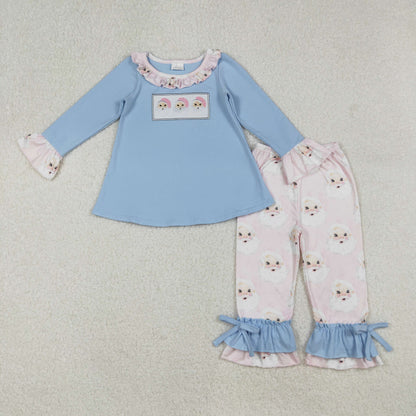 Sibling Girls Boys Kids Blue Long Sleeves Christmas Embroidery Santa Tops Pants Clothes Set RTS