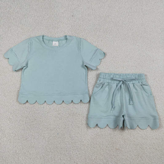 Baby Girls Short Sleeves Blue Shirt Scallop Shorts Girls Summer Clothes Set RTS