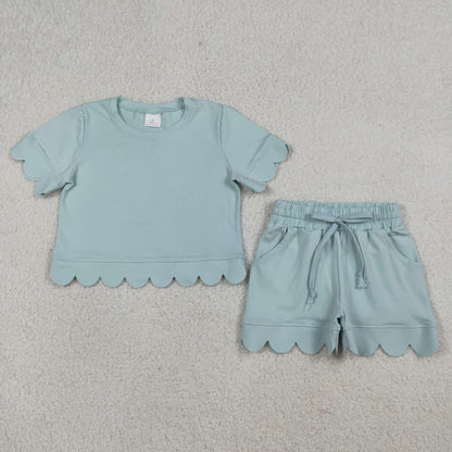 Sibling Baby Girls Adult Women Short Sleeves Blue Cotton Shirts Shorts Scallop Sets Summer Clothes RTS