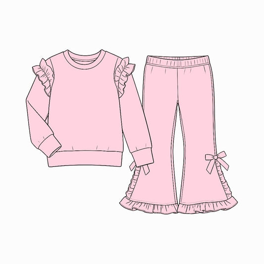 ( Moq 5 ) Preorder Baby Girls Kids Long Sleeves Shirt Bows Ruffle Pants Cotton Set Pink Clothes