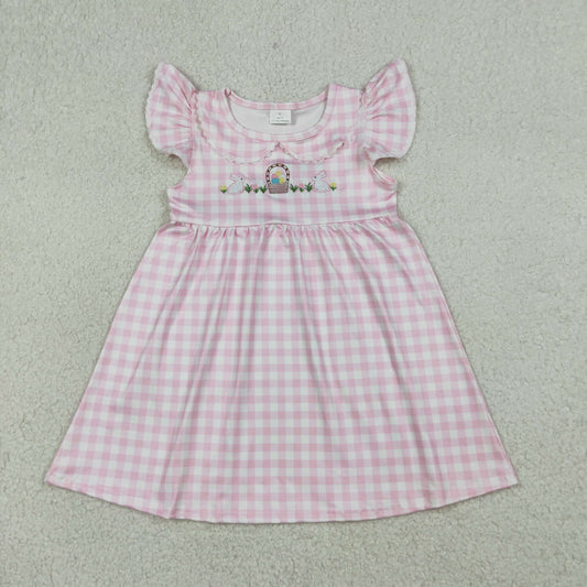 Baby Girls Kids Short Sleeves Embroidery Rabbits Eggs Easter Pink Plaid  Dress RTS