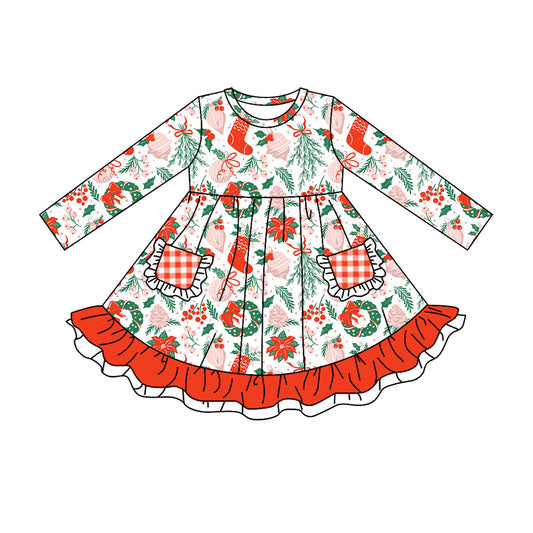 Baby Girl Christmas Tree Pockets Ruffles Knee Length Dress