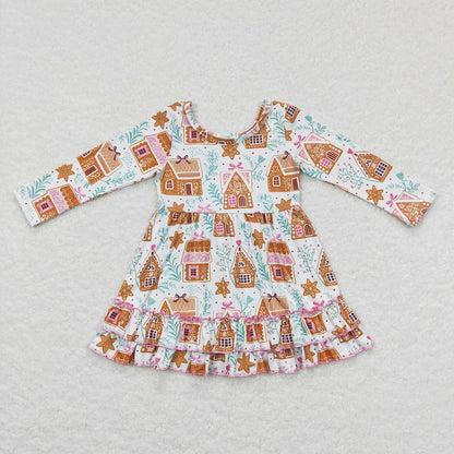 Sibling Baby Girl Long Sleeves Christmas Cake House Sibling Romper Dress Clothes RTS
