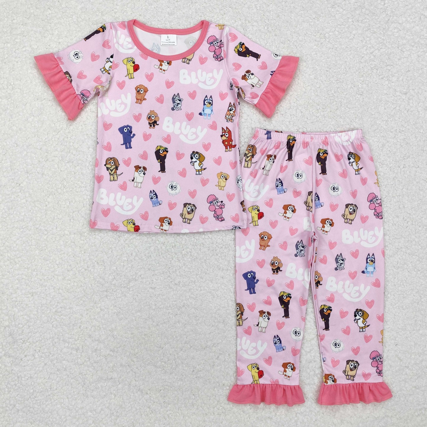 Baby Girl Short Sleeves Valentines Dogs Hearts Shirt Pants Pajamas Clothes Set