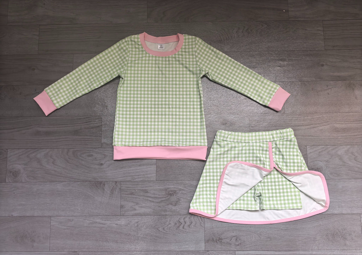 ( No moq ) Preorder Baby Girls Kids Long Sleeves Green Plaid Shirt Skirt Shorts Set Yoga Active Clothes