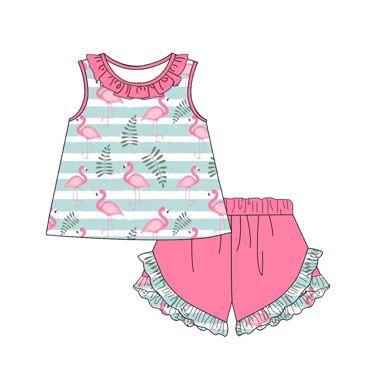 Moq 3 Pre-order GSSO0470 Baby Girl Sleeveless Flamingo Tops Ruffle Shorts Set