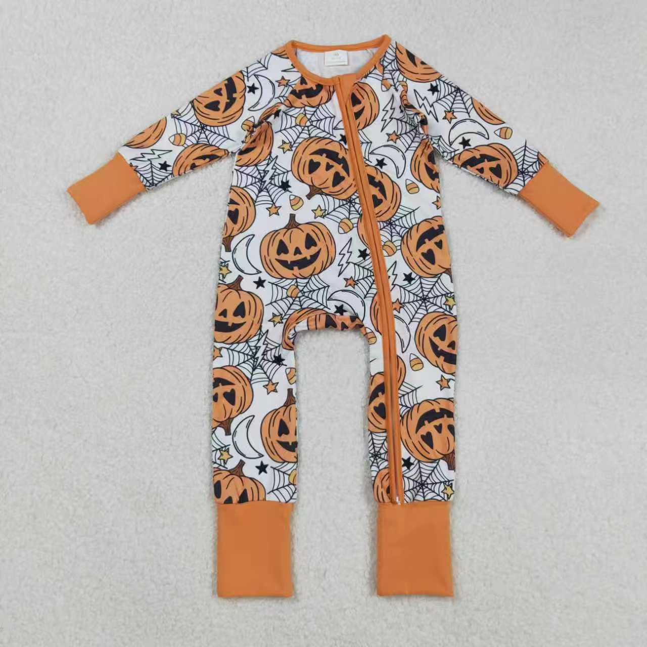Boys Girls Toddler Long Sleeves Pumpkins Candy Corn Sibling Halloween Dress Footie Romper Set RTS