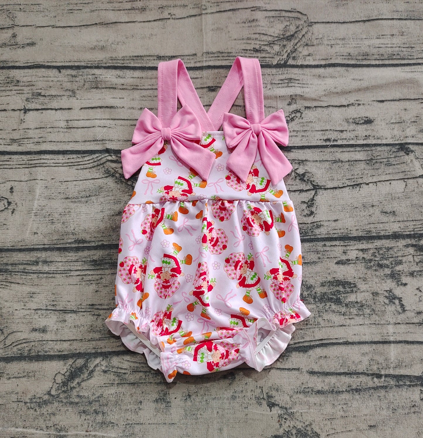 Baby Girl Infant Pink Bows Strap Bows Strawberry Ruffle Romper RTS