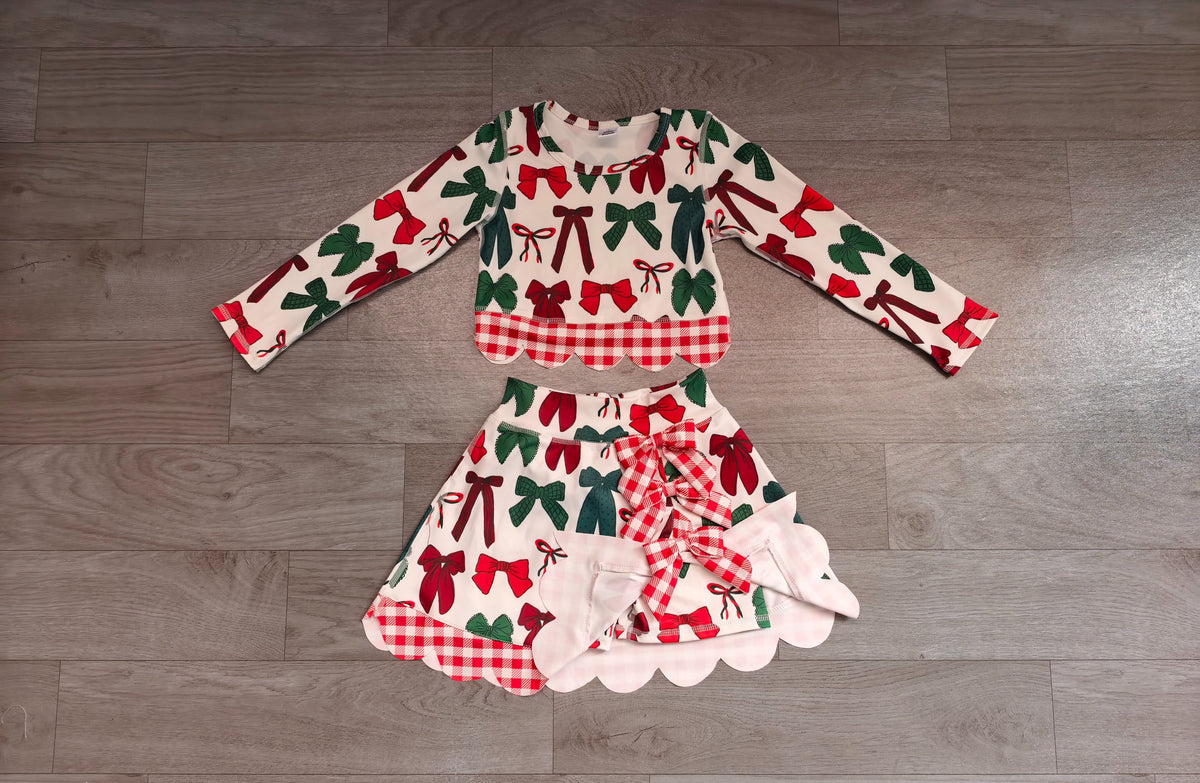 ( No moq ) Preorder Baby Girls Kids Christmas Bows Shirt Scallop Skirt Shorts Yoga Active Set Clothes