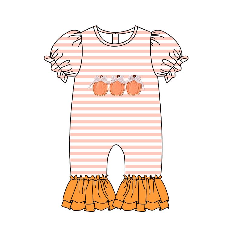 ( Moq 5 ) Preorder Baby Girl Kids Short Sleeves Pumpkins Bows Stripes Romper Fall Clothes