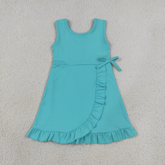 Baby Girls Kids Sleeveless Blue Green Scallop Yoga Active Knee Length Dress RTS