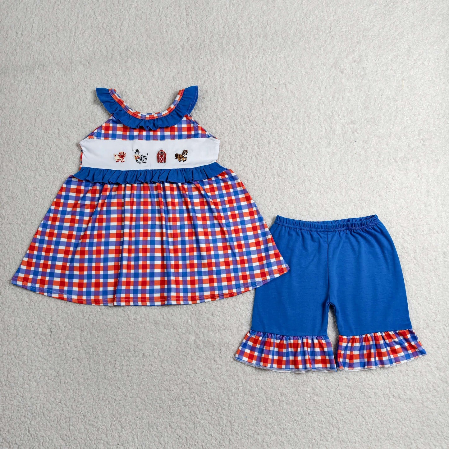 Baby Girls Embroidery Farm Animals Plaid Tops Shorts 4th of July Clothes Set RTS