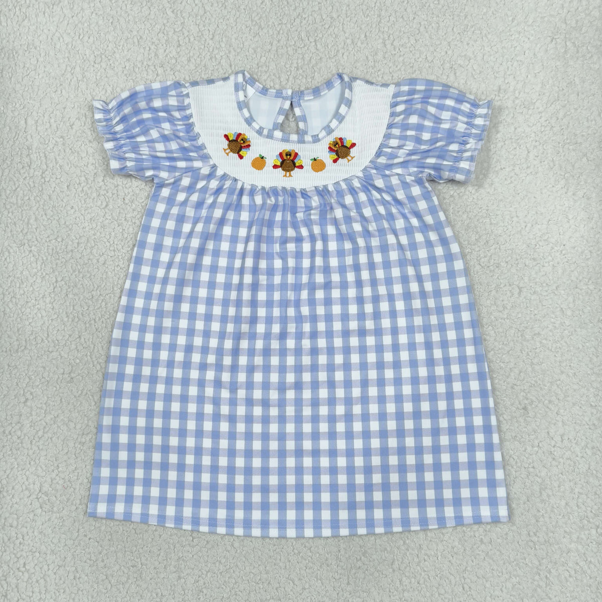 Baby Girls Kids Embroidery turkey Pumpkins Blue Plaid Dress Smocked Fall Clothes RTS