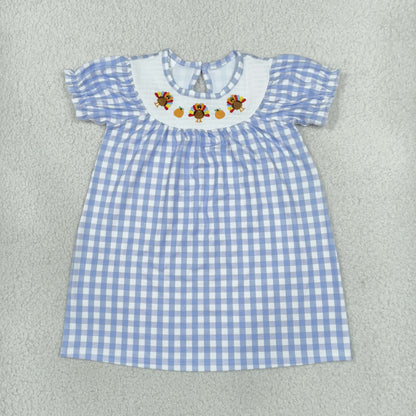 Sibling Baby Girls Kids Embroidery turkey Pumpkins Blue Plaid Thanksgiving Romper Dress Clothes RTS