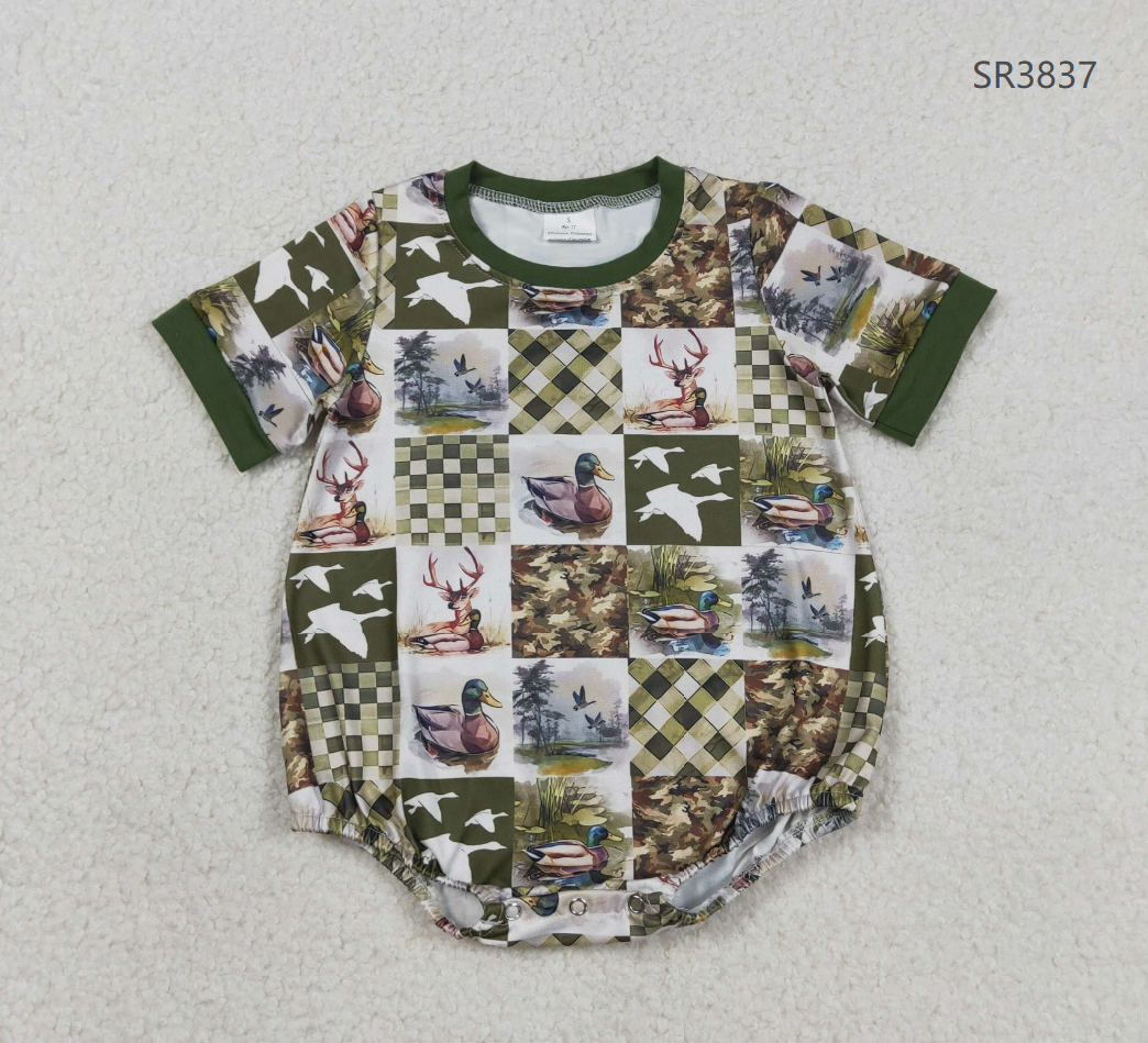 Baby Boys Kids Short Sleeves Ducks Deer Plaid Green Bubble Romper RTS