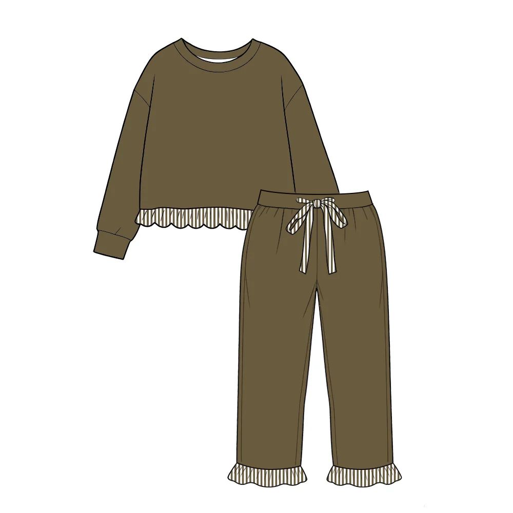 ( Moq 5 ) Preorder Baby Girls Kids Stripes Ruffle Shirt Olive Pants Cotton Set Clothes