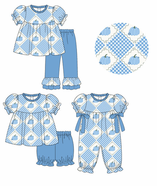 ( Moq 5 Each Style ) Baby Girls Kids Short Sleeves Pumpkins Plaid Sibling Rompers Sets Clothes