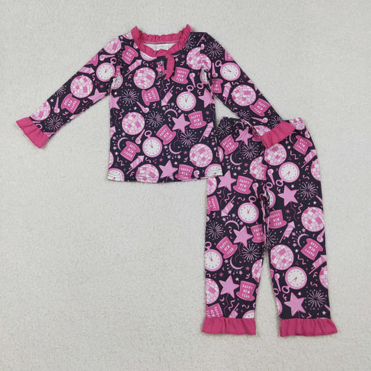 Baby Girls Kids Long Sleeves Shirt Pants Happy New Year Pink Pajamas Set RTS