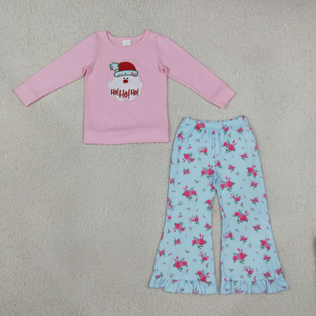 Baby Girls Kids Long Sleeves Embroidery Christmas Santa Tops Flower Pants Set Clothes RTS