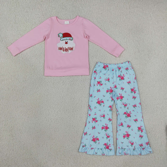 Baby Girls Kids Long Sleeves Embroidery Christmas Santa Tops Flower Pants Set Clothes RTS
