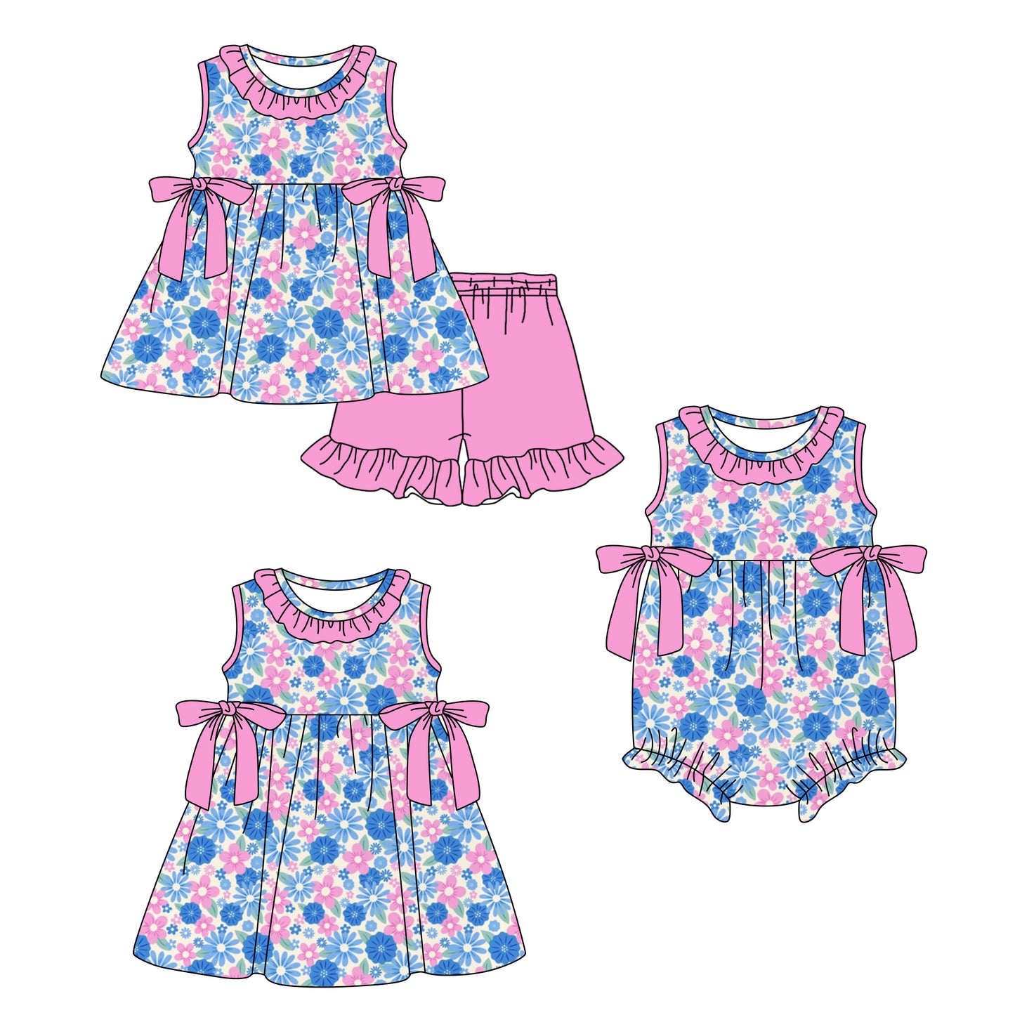 ( Moq 5 Each Style ) Baby Girls Kids Sleeveless Flower Sibling Pink Bows Romper Dress Set