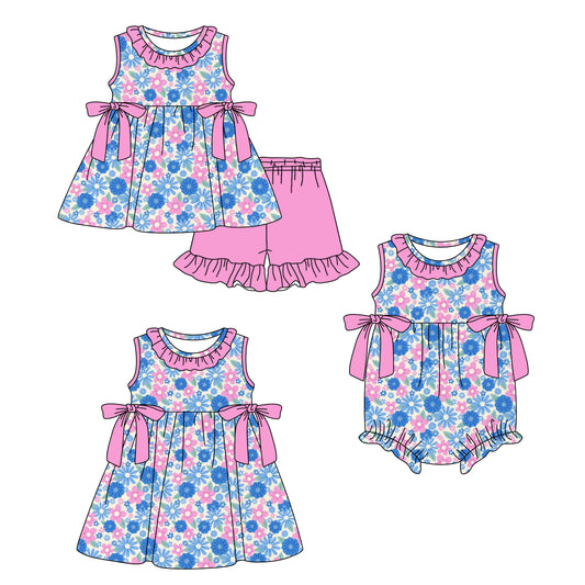( Moq 5 Each Style ) Baby Girls Kids Sleeveless Flower Sibling Pink Bows Romper Dress Set