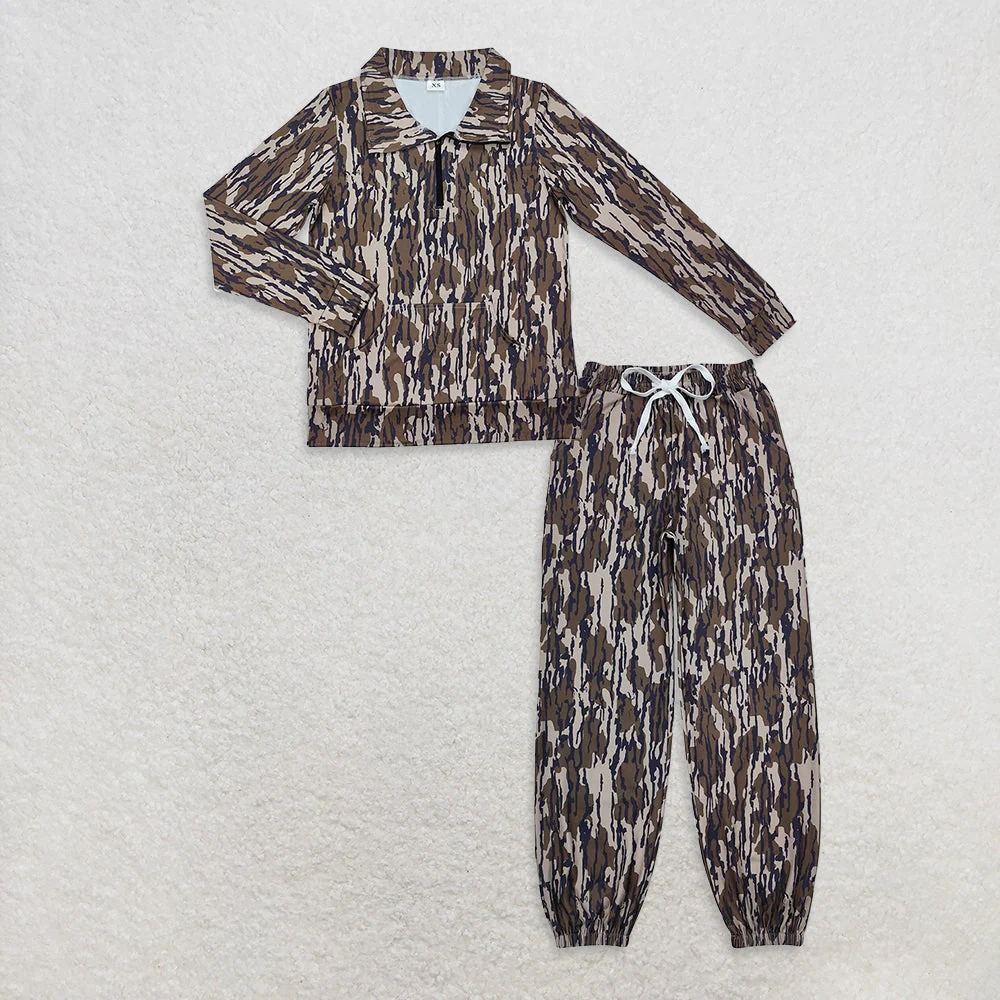Adult Women Long Sleeves Brown Camo Zipper Pullover Yoga Pockets Pants Clothes Set RTS