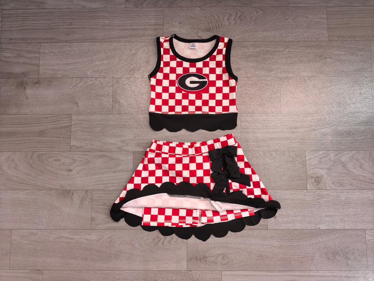 ( No moq ) Preorder Baby Girls Kids Red Checked Shirt Scallop Bows Skirt Shorts Team Set Yoga Active Clothes