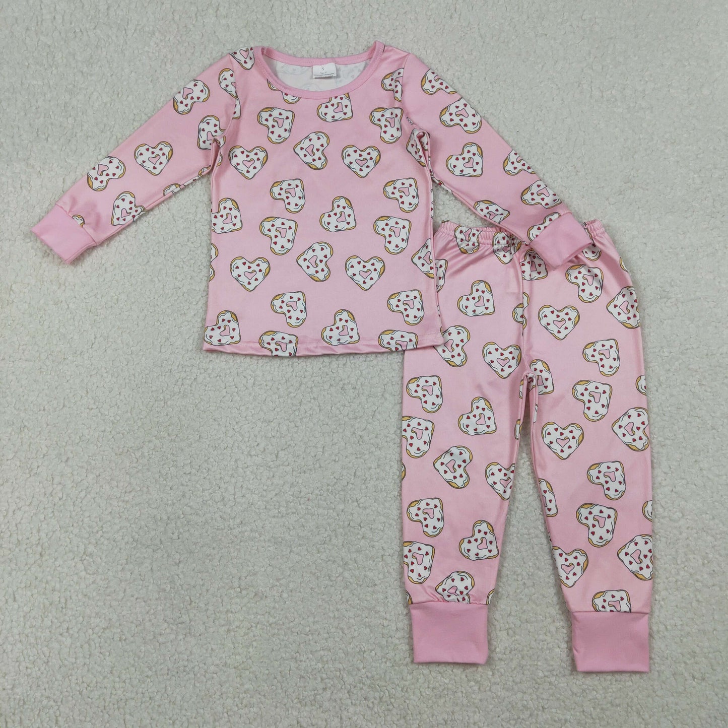 Baby Girls Kids Long Sleeves Donuts Hearts Shirt Pants Valentines Pajamas Pink Set RTS