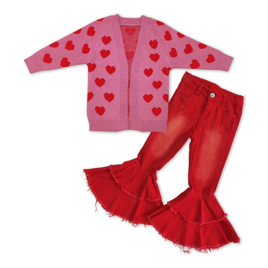 GLP1082 Baby Girl Valentine's Day Hearts Sweater Denim Pants Outfit