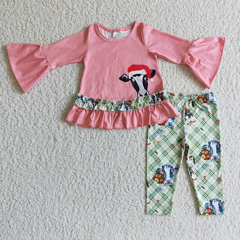 Promotion Baby Girl Christmas Cow Long Sleeves Shirt Plaid Pants Outfit RTS