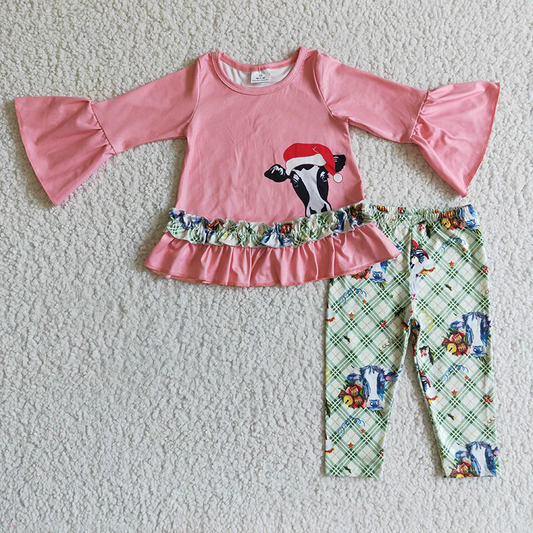 Promotion Baby Girl Christmas Cow Long Sleeves Shirt Plaid Pants Outfit RTS