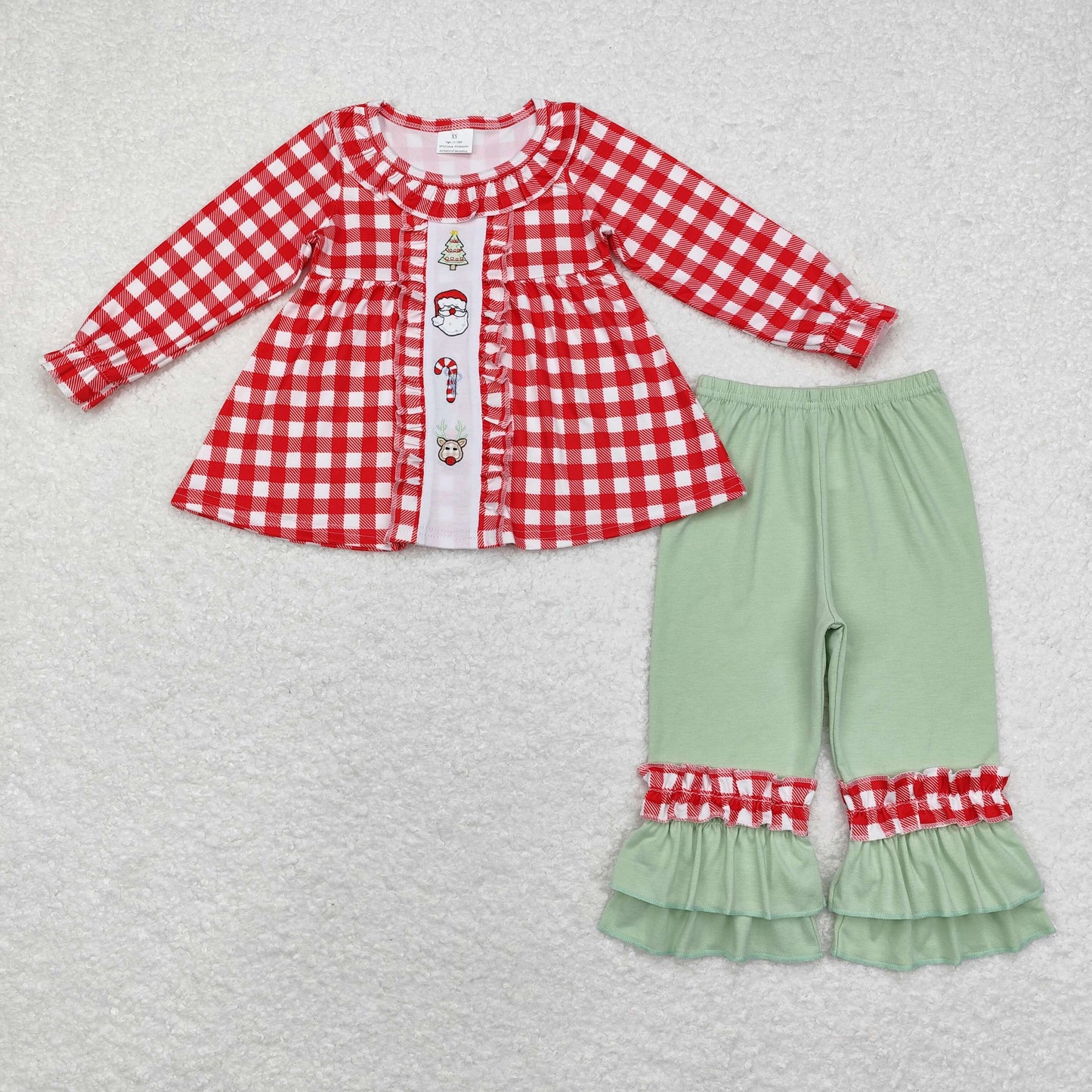 Baby Girl Checkered Santa Tunic Green Pants Christmas Set