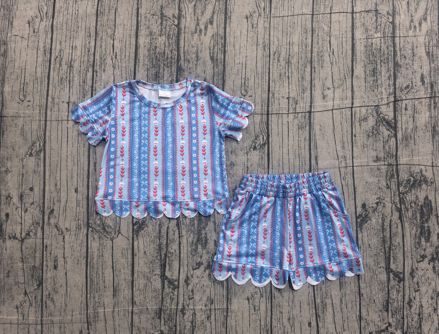 ( No moq ) Preorder Baby Girls Bows Flower Stripes Shirt Scallop Shorts Set 4th of July Clothes