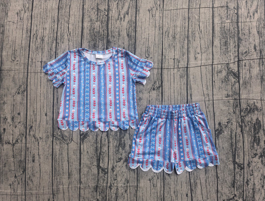 ( No moq ) Preorder Baby Girls Bows Flower Stripes Shirt Scallop Shorts Set 4th of July Clothes