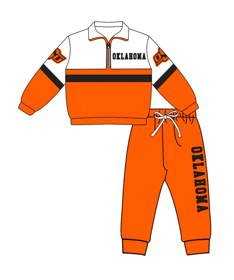 ( Moq 5 ) Baby Boys Kids Long Sleeves Zipper Shirt Jogger Pants Team Orange Clothes Set